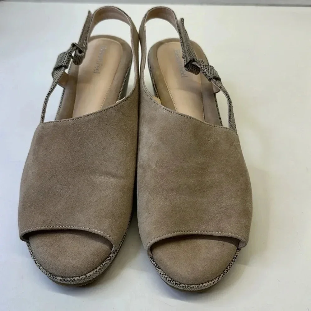 BeautiFeel Gwen Wedge Sandals Open Toe Shoes Ankle Strap Suede Tan Snake 41 10.5